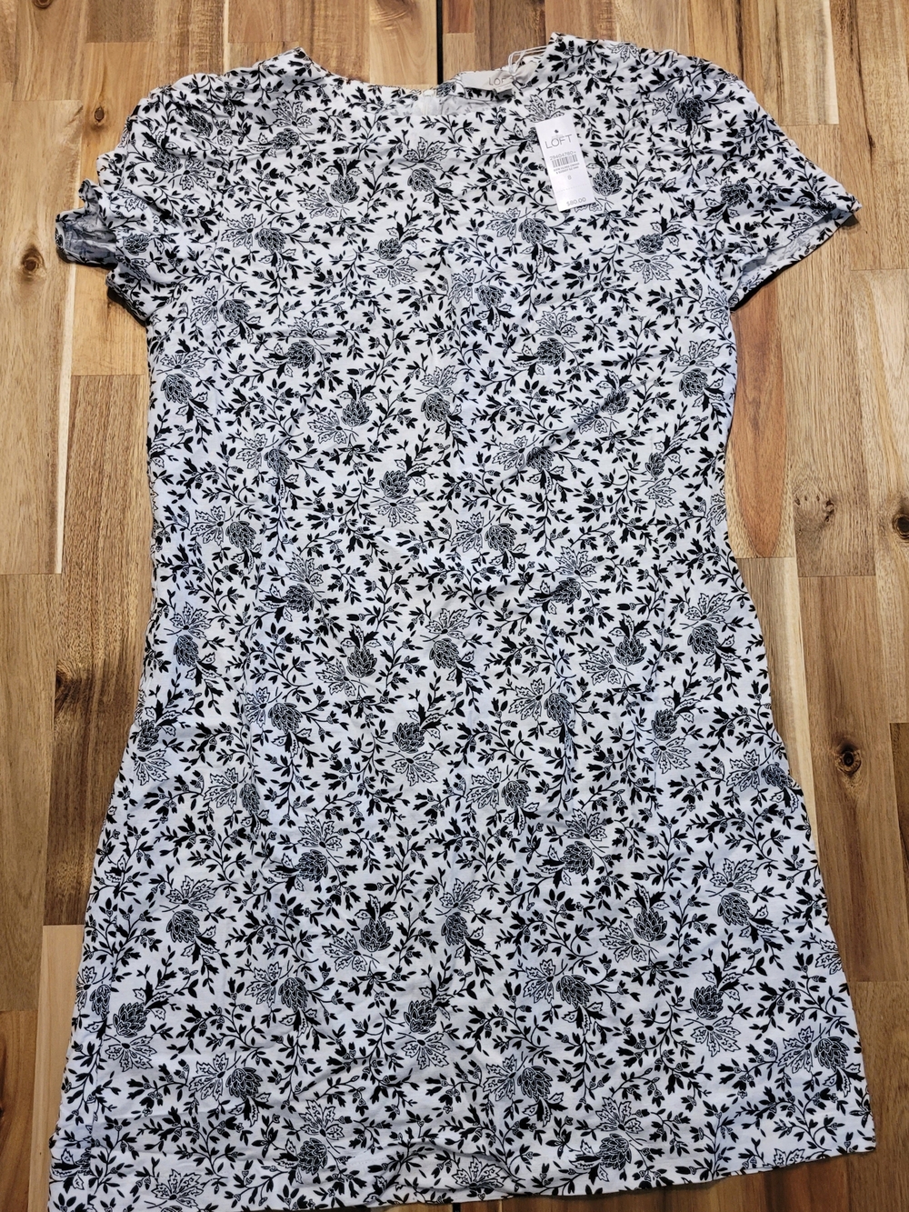 LOFT White Dress with Black Floral Print, Short Sleeve Mini